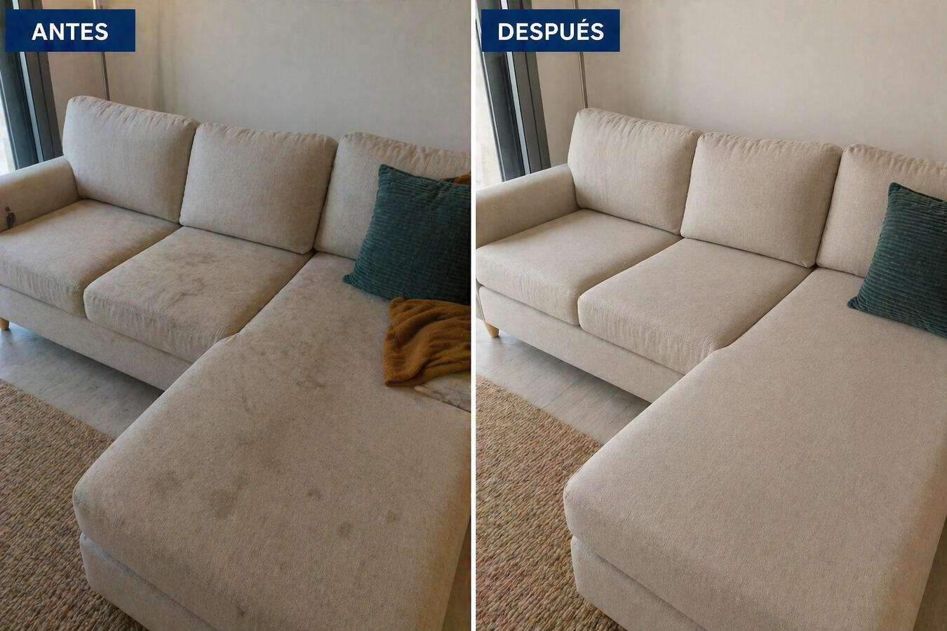 Limpieza de sofá – antes y después Sofá limpio y sin manchas después de limpieza profesional de tapicería en Barcelona