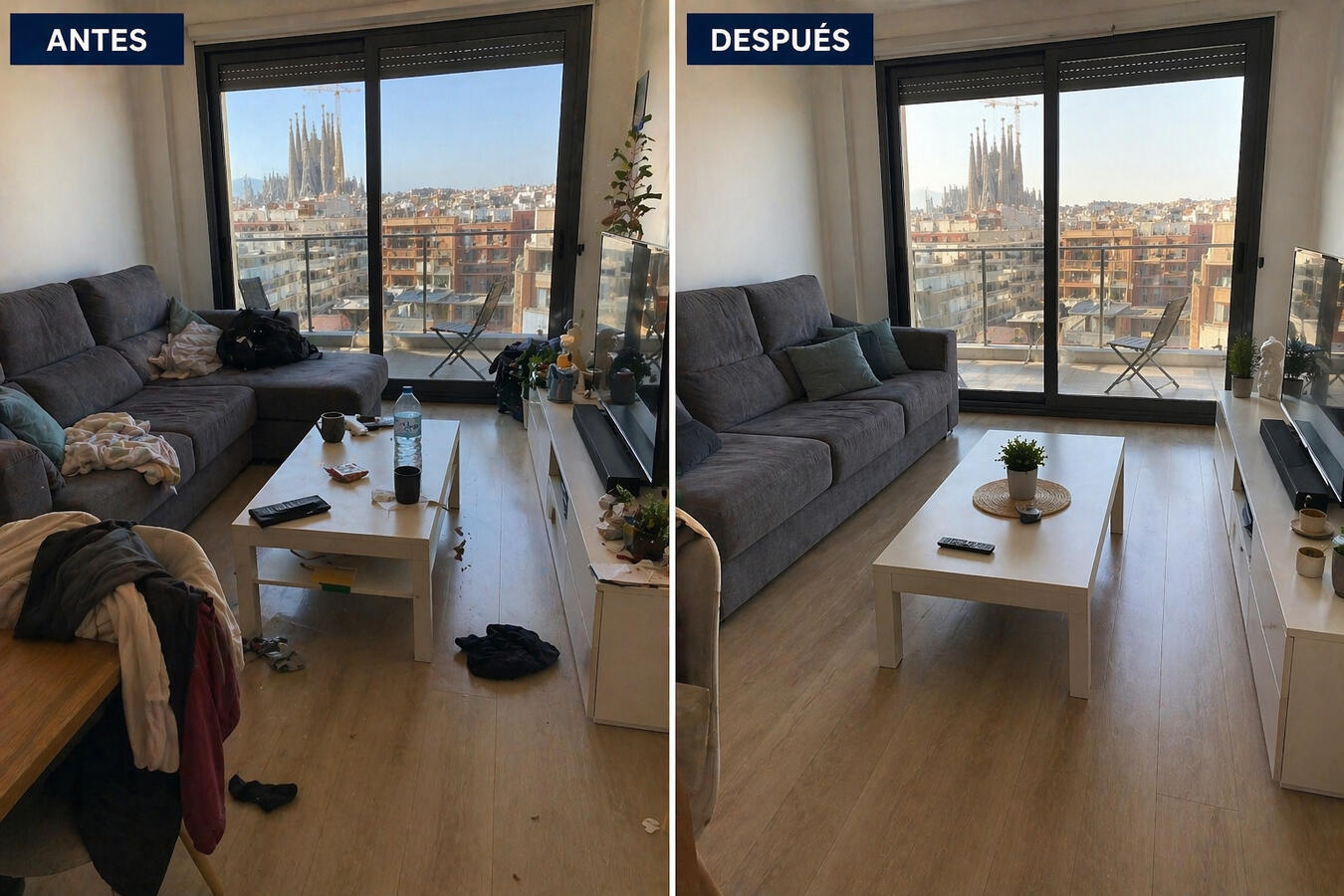 Antes y después de limpieza de salón en Barcelona Salón ordenado y limpio con vistas a la Sagrada Familia después de limpieza profesional en Barcelona