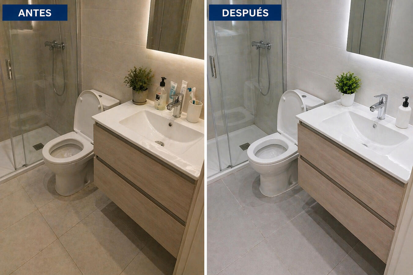 Antes y después de limpieza de baño Baño limpio después de servicio de limpieza profesional comparado con estado inicial en Barcelona