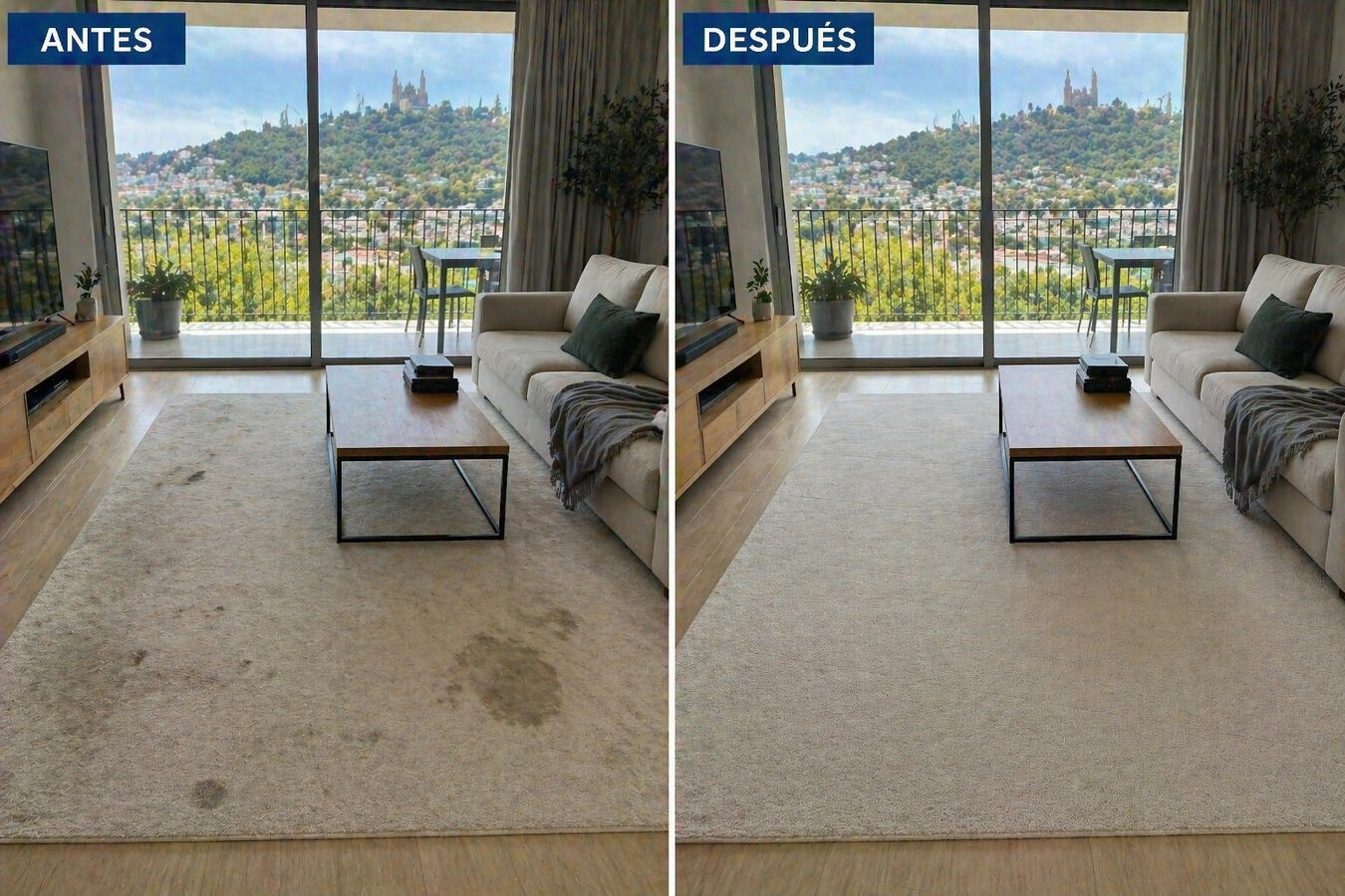 Limpieza de alfombra – antes y después Alfombra limpia después de eliminación de manchas con vista a Tibidabo en Barcelona