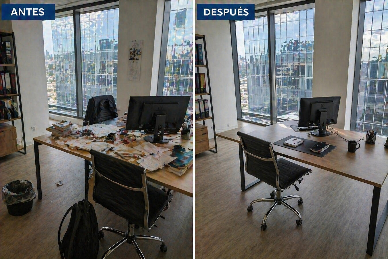 Antes y después de limpieza de oficina Oficina ordenada y limpia después de servicio profesional con vistas a edificio moderno